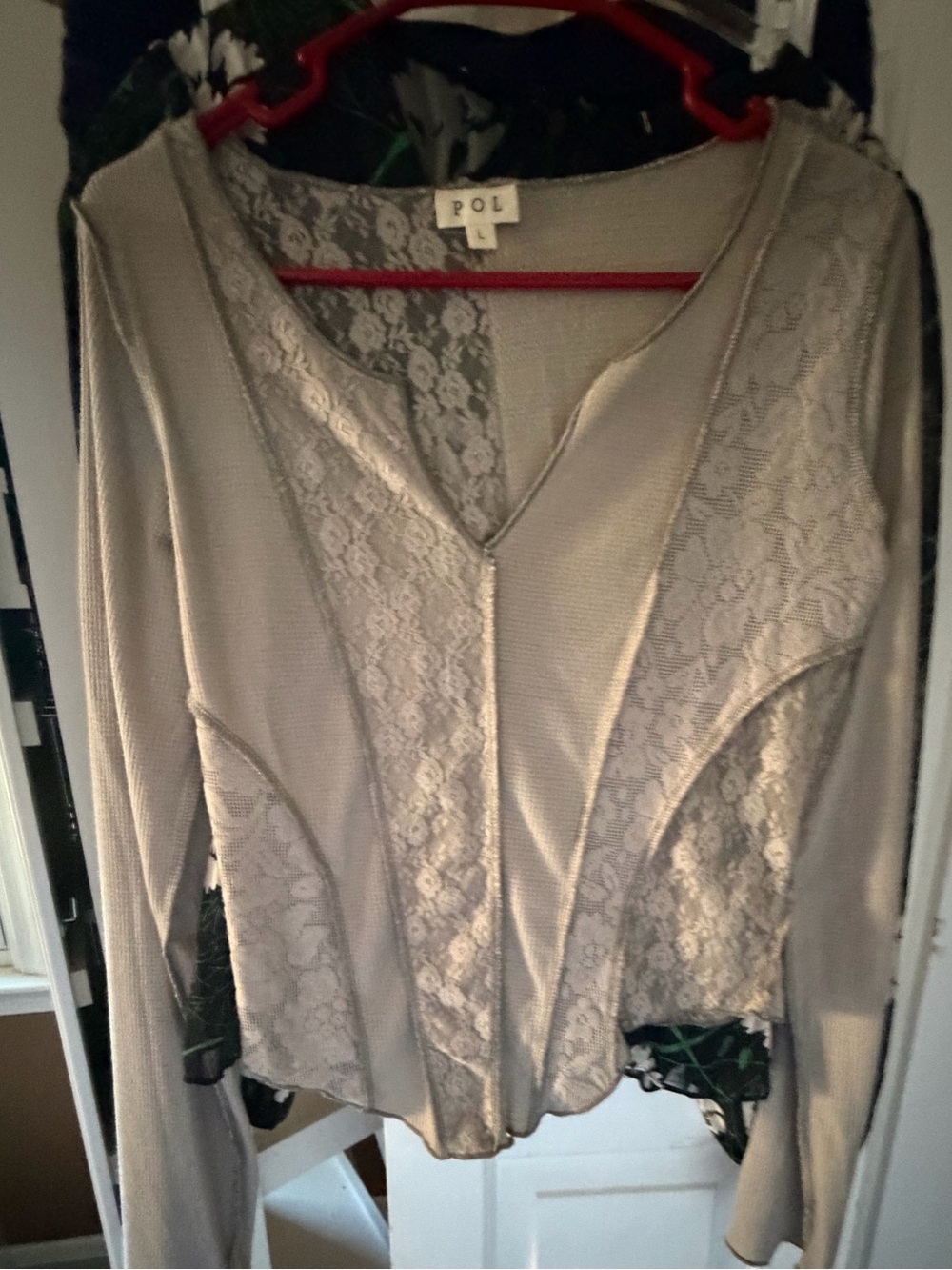 POL Lace-Panel V-Neck Long Sleeve Top in Light Beige, like new , L